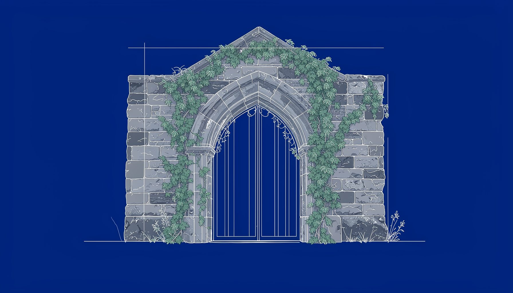 Weathered stone archway of a historic Welsh chapel or hall, with ivy along the stonework, in muted, quiet tones