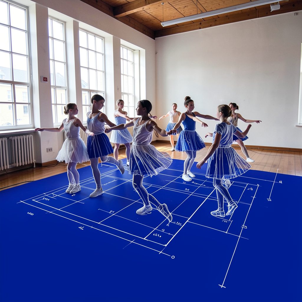 A group of young step-dancers in a rehearsal hall, wooden floor, bright natural daylight from tall windows