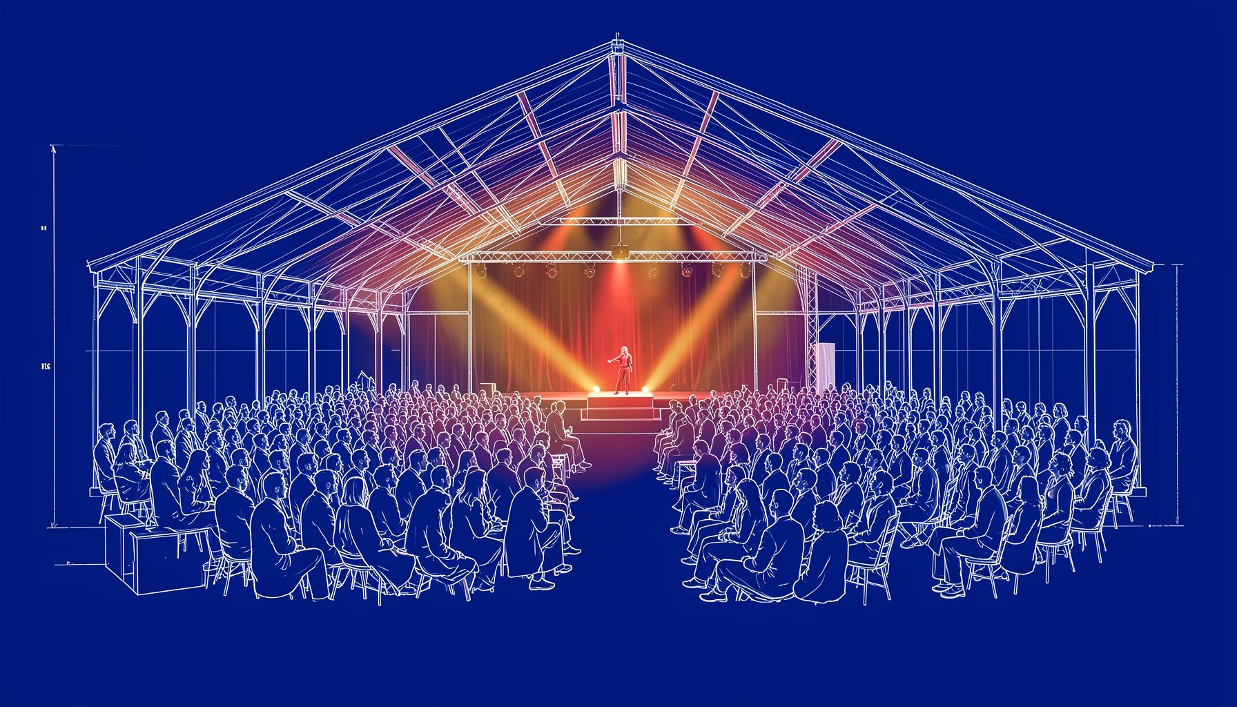 A wide panoramic view of a Welsh eisteddfod gathering in a large pavilion, with warm stage lighting casting a golden glow