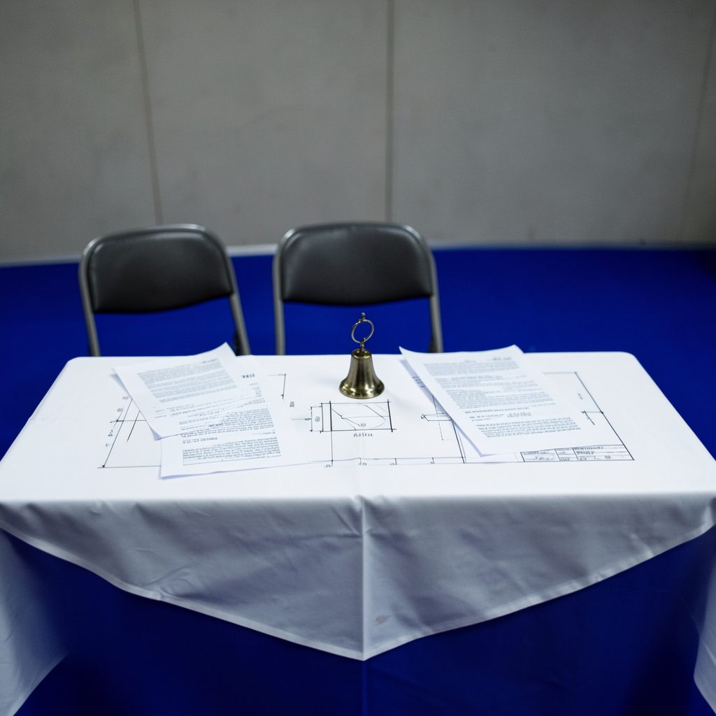An adjudicator's table with papers and a small bell on a white tablecloth, three chairs behind it, muted indoor tones