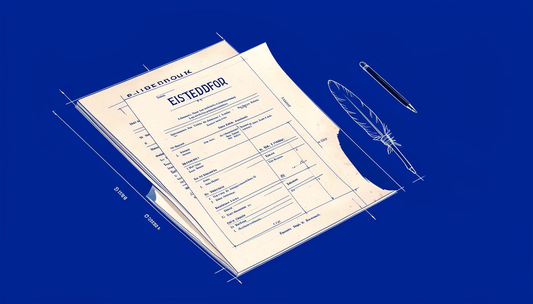 A neat technical blueprint illustration of a folded eisteddfod programme booklet and a quill pen on a wooden table