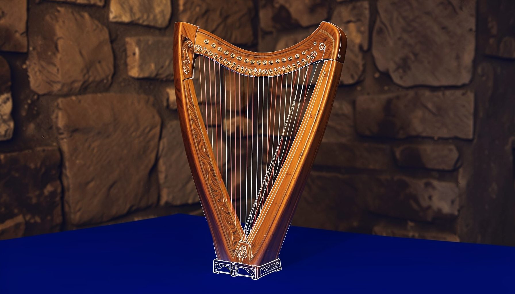 A softly lit close-up of a traditional Welsh harp with carved wooden frame and strings, resting against a muted stone wall