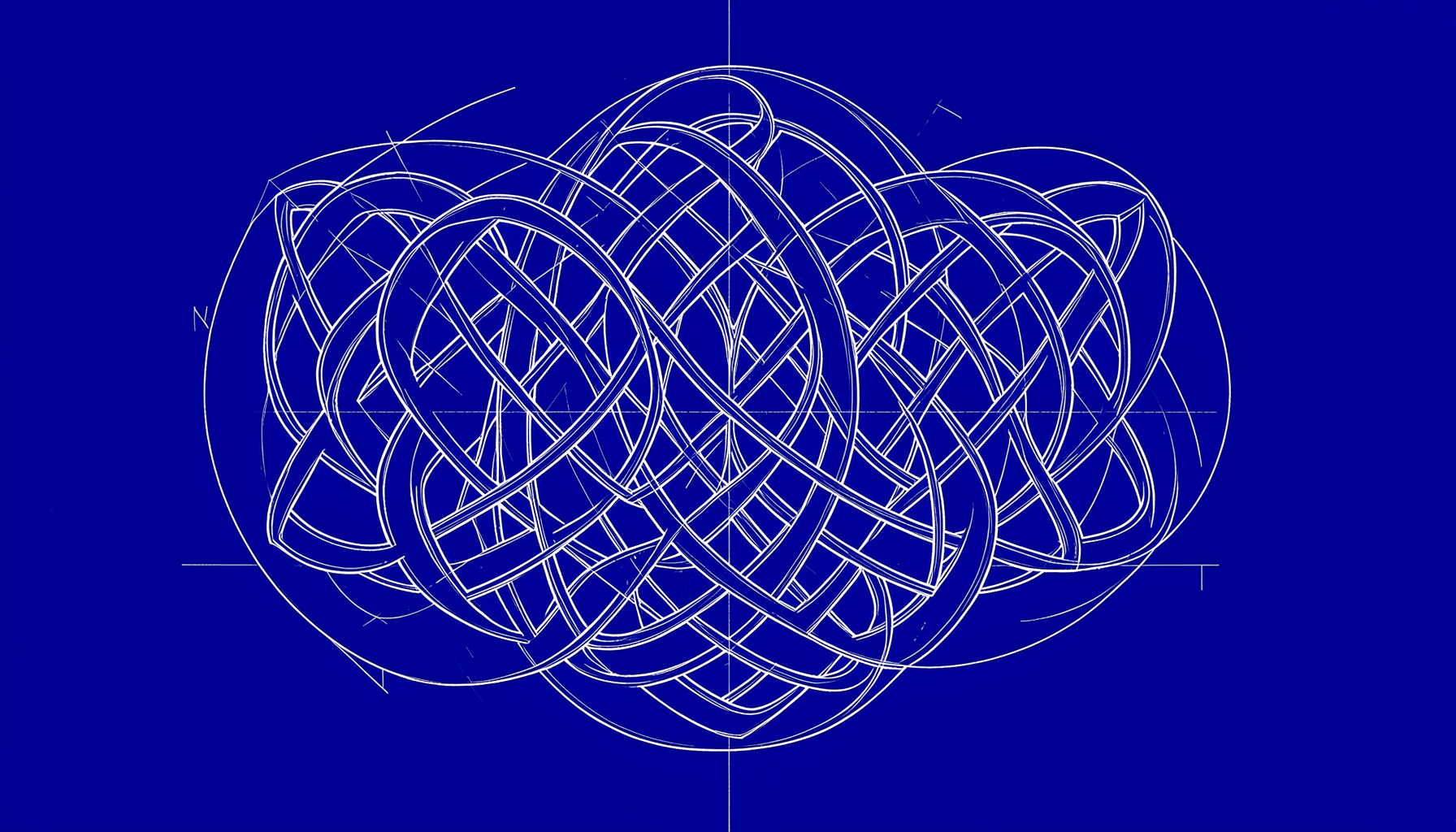 A technical blueprint-style drawing of overlapping Celtic knotwork patterns rendered in deep indigo ink on cream paper