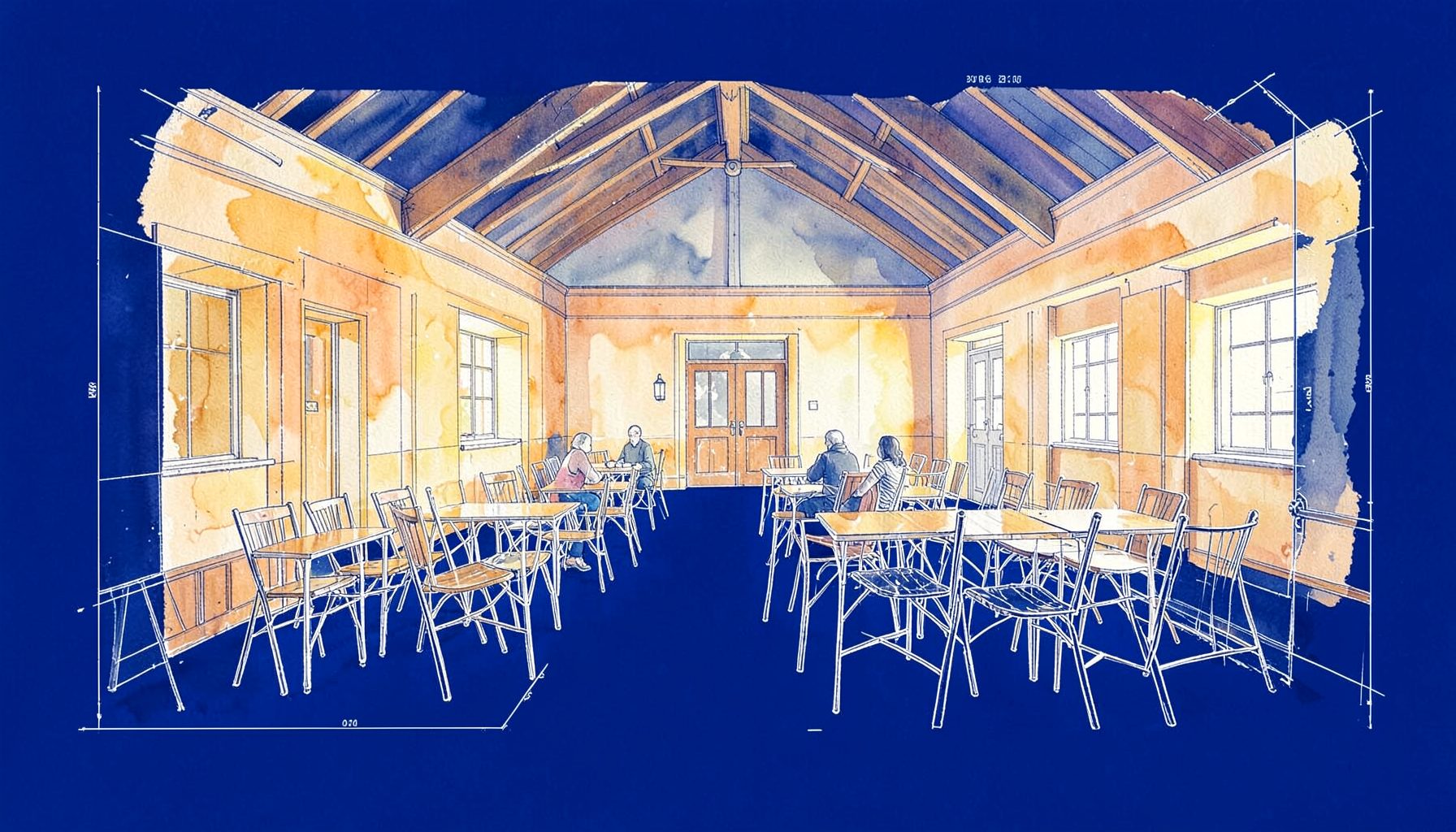 A soft watercolour illustration of a Welsh village hall interior with chairs arranged for a community gathering, warm amber light