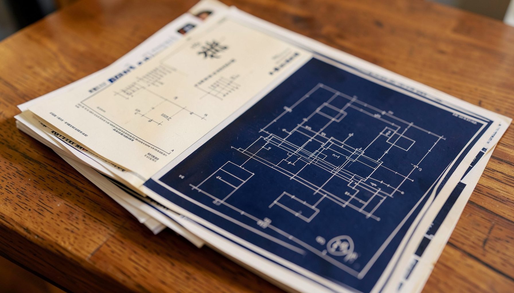 A stack of printed programmes and papers on a wooden table, warm cream and deep navy tones, soft natural light