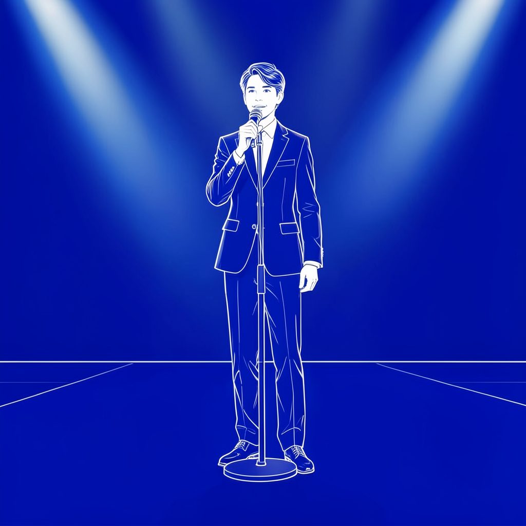 A young solo singer standing at a microphone on a competition stage, soft blue and white lighting, formal atmosphere